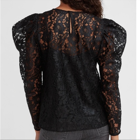 NWT! EXPRESS Black Lace w/ Puff Long Sleeve Blouse & attached Black Cami Size: S - Picture 2 of 4